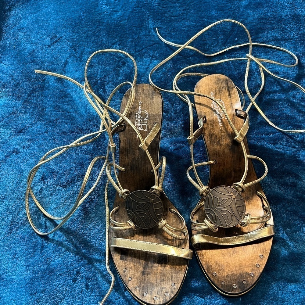 Sandals by Glamour Original! Lace up/wrap around the leg. Gold color! - Picture 2 of 14